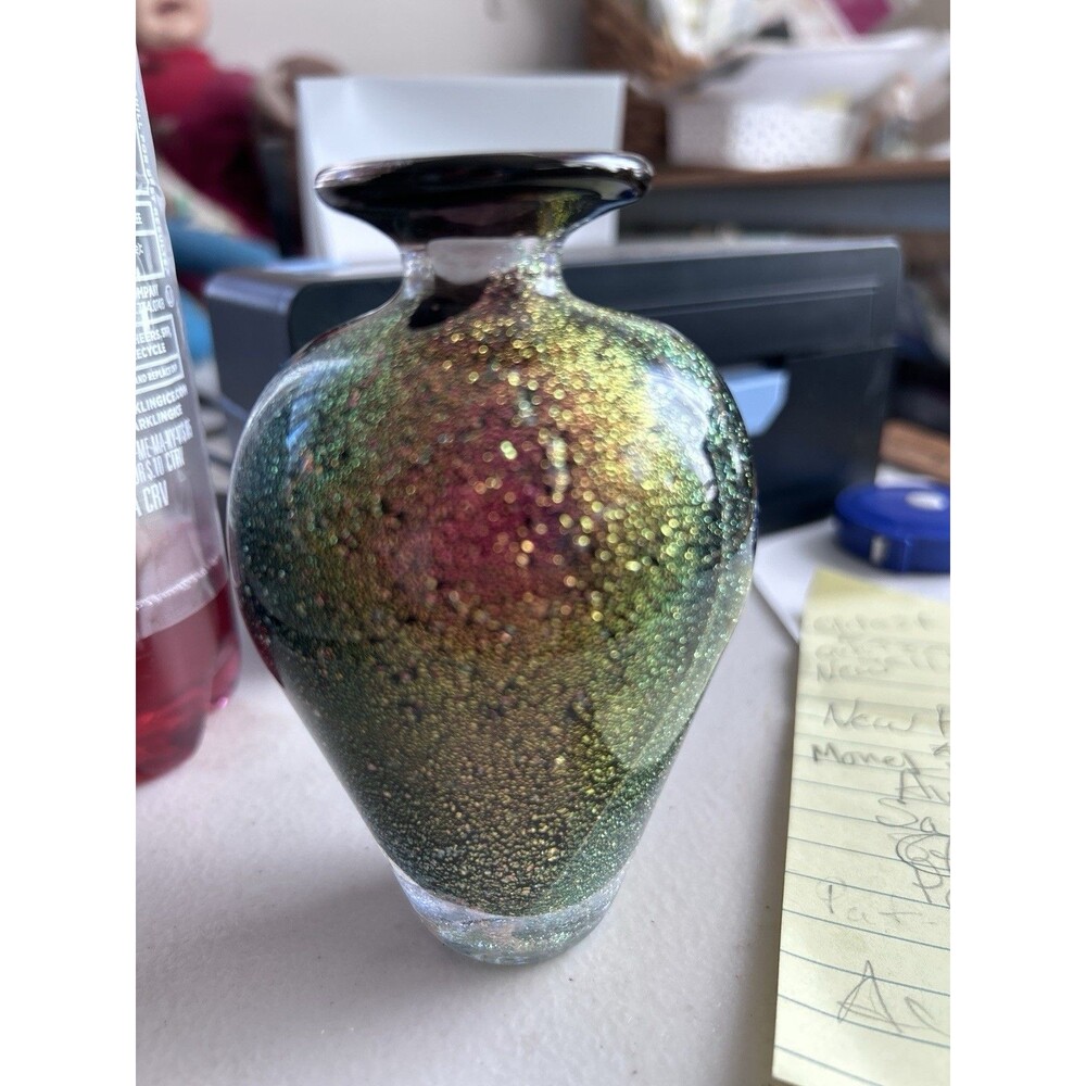 Hand-blown studio art glass vase Signed Slack98 iridescent speckled metallic 4in